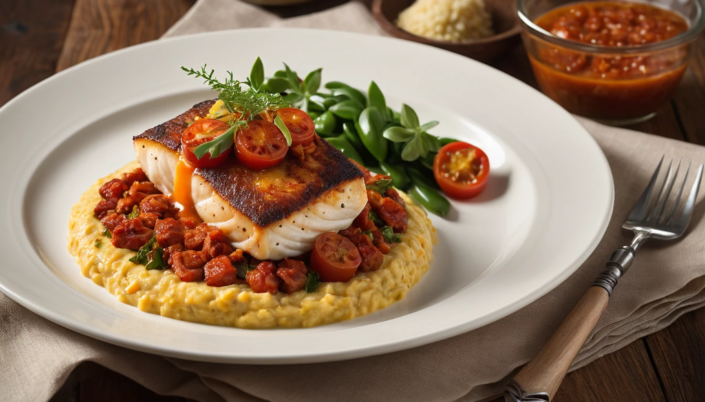 Pescada com Purê de Banana-da-Terra e Farofa de Chorizo ao Molho Campanha
