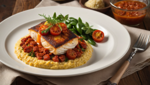 Pescada com Purê de Banana-da-Terra e Farofa de Chorizo ao Molho Campanha