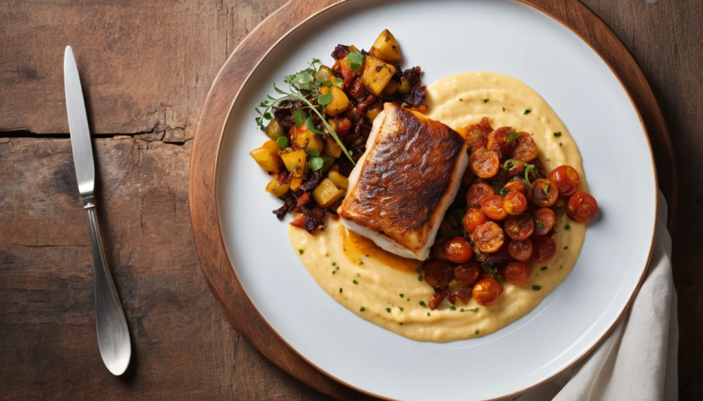 Pescada com Purê de Banana-da-Terra e Farofa de Chorizo ao Molho Campanha