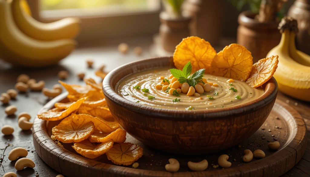 Receita de Pirão de Castanhas com Caju e Chips de Banana-da-Terra