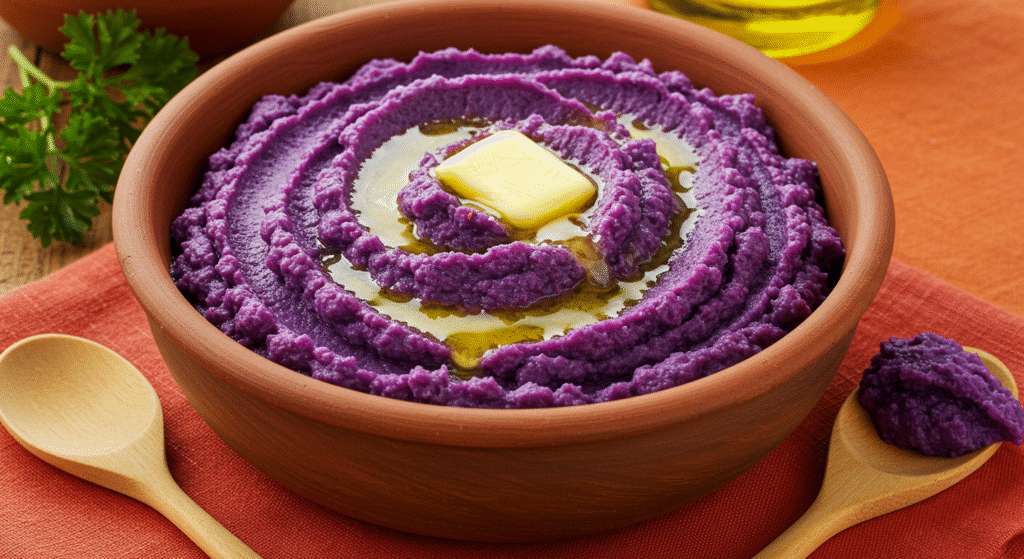 Purê de Mandioca Roxa com Manteiga de Garrafa – um sabor que acolhe a alma