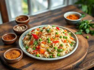 Receita de refeição ayurvédica conventual: Arroz de Coco com Legumes e Especiarias