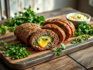 Receita de Rocambole de Carne Moída com Recheio de Queijo e Ervas